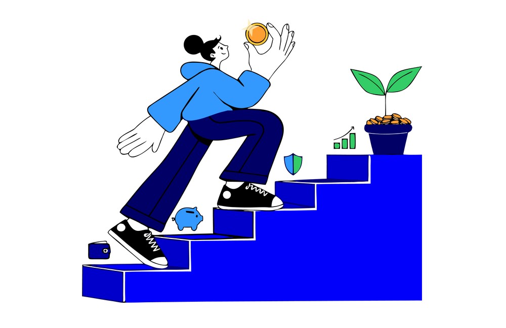 Illustration of a person climbing steps past a wallet, piggy bank and shield toward a coin and a plant growing from a pot of coins  - the journey from saving to investing
