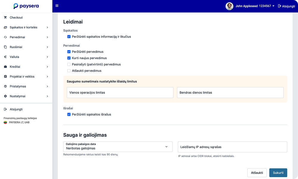 Paysera permissions configuration page screenshot displaying account checkboxes, transfer limits, and token expiration fields.