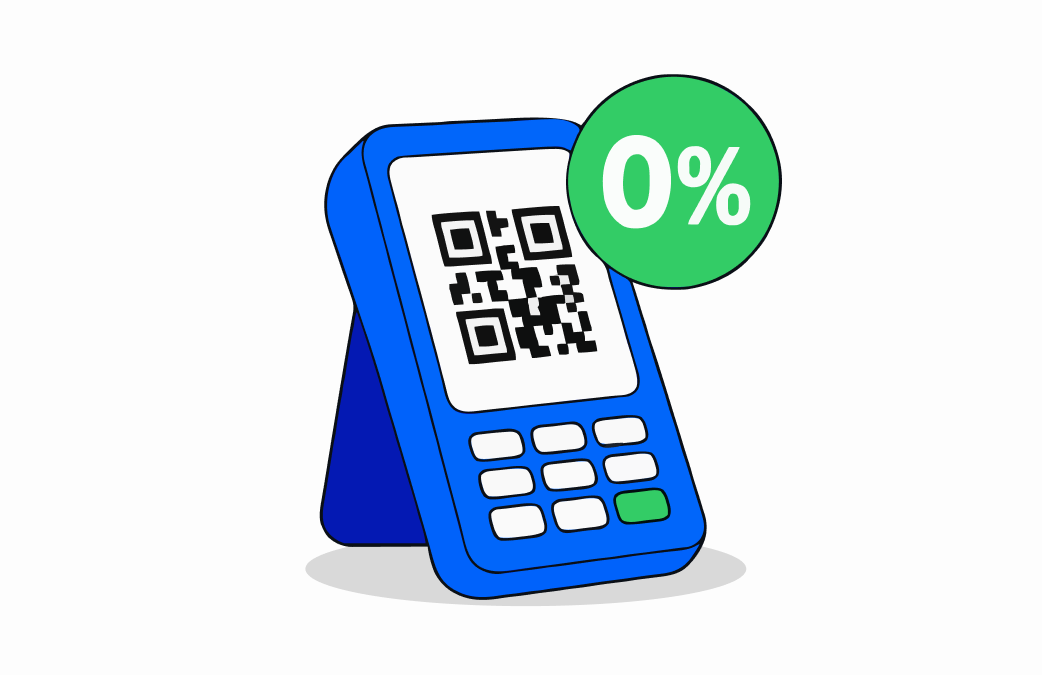 A payment terminal with a QR code on its screen and a green 0% badge.